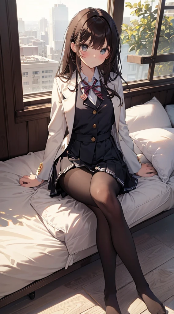 Top quality, masterpiece, High resolution, (Head to toe full body), front, frontやや下からの構図, Symmetric, Tall 18 year old girl, alone, (Head to toe), (Small breasts), Unkempt brown hair, bangs, (black tights), (Black Pantyhose), (Sit with your legs apart), (Crouching pose), (A composition showing white panties), (Her legs were spread、I see your white pants.), (I was made to sit on the floor with my legs spread..), (M-shaped legs), Thin legs, A very beautiful and tall 18 year old girl, (No shoes), blush, Shy big eyes, looking at the camera, Blazer Uniform, Checkered Pleated Skirt