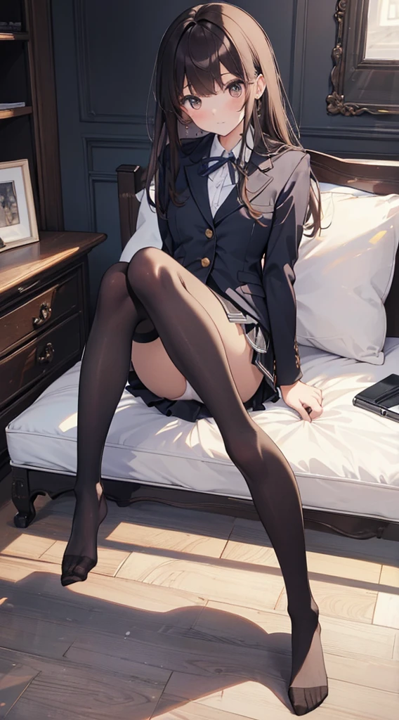 Top quality, masterpiece, High resolution, (Head to toe full body), front, frontやや下からの構図, Symmetric, Tall 18 year old girl, alone, (Head to toe), (Small ), Unkempt brown hair, bangs, (black tights), (Black Pantyhose), (Sit with your ), (Crouching pose), (A composition showing white panties), (Her legs were spread、I see your white pants.), (I was made to sit on the floor with my legs spread..), (M-shaped legs), Thin legs, A very beautiful and tall 18 year old girl, (No shoes), blush, Shy big eyes, looking at the camera, Blazer Uniform, Checkered Pleated Skirt