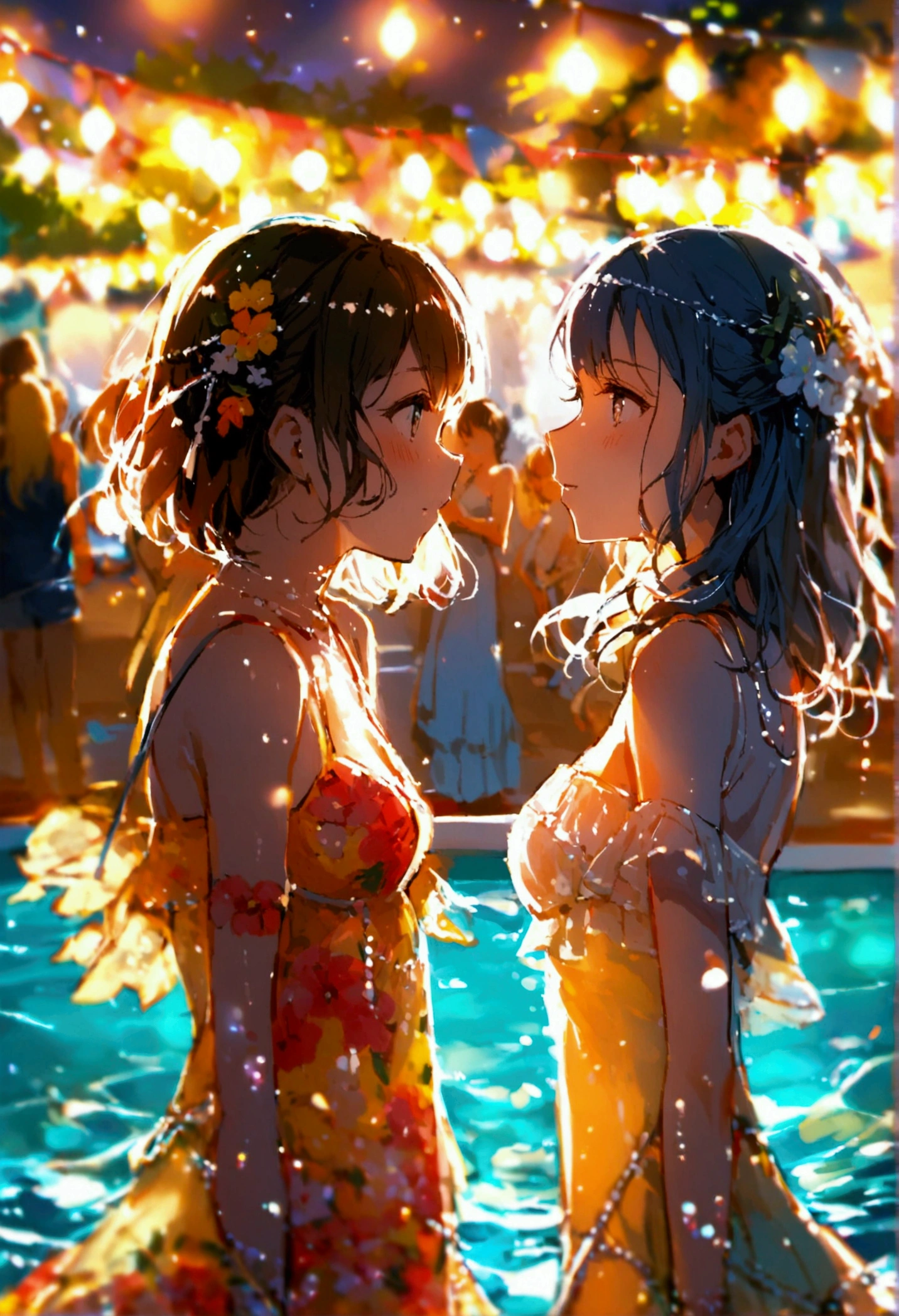 Many people in summer dresses are dancing by the pool、summer night