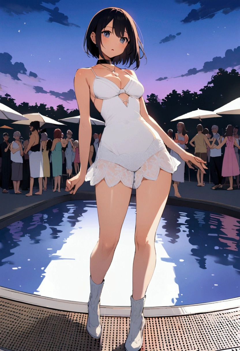Many people in summer dresses are dancing by the pool、summer night