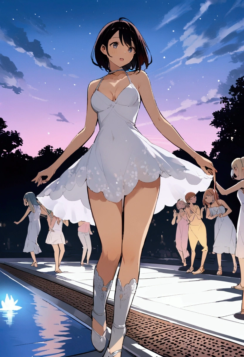 Many people in summer dresses are dancing by the pool、summer night
