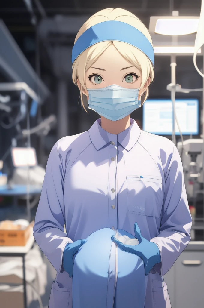 (RAW photo, best quality), 1girl, pregnant, long sleeve surgical outfit, surgical mask,  surgical gloves, surgical cap,  operating room, overhead surgical light, dslr, blurred background, focused
 angela_thompson
 surgery_cap