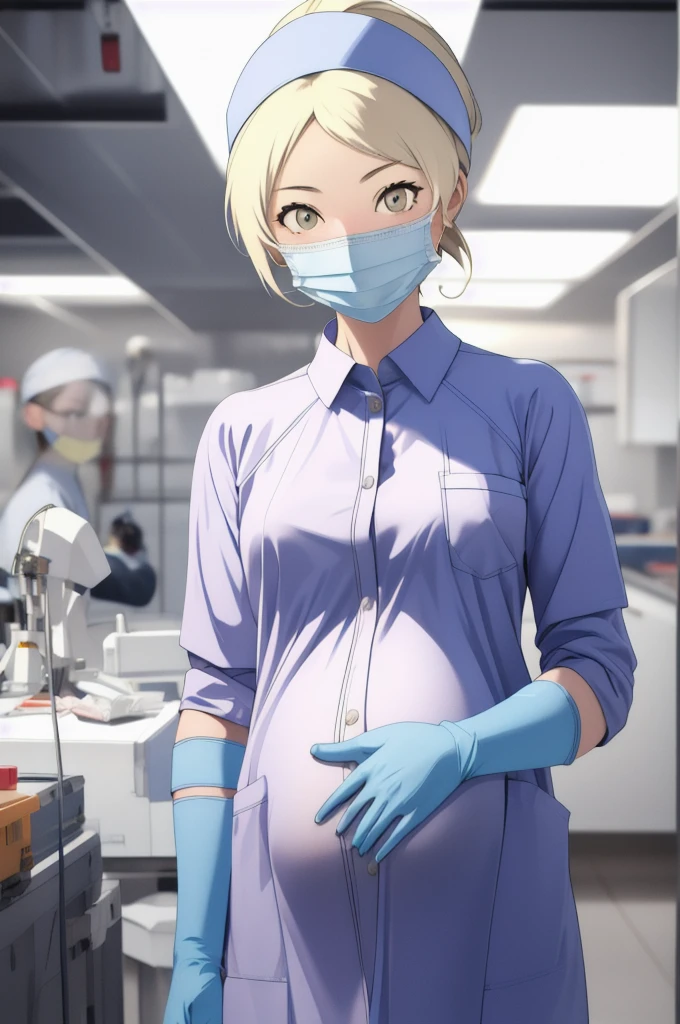 (RAW photo, best quality), 1girl, pregnant, long sleeve surgical outfit, surgical mask,  surgical gloves, surgical cap,  operating room, overhead surgical light, dslr, blurred background, focused
 angela_thompson
 surgery_cap