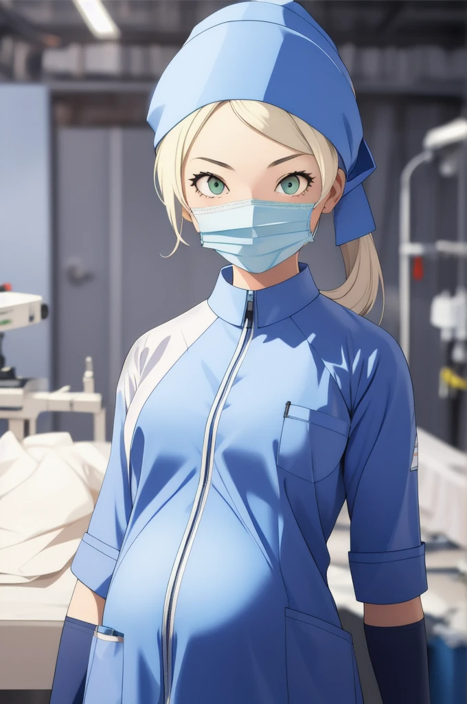 (RAW photo, best quality), 1girl, pregnant, long sleeve surgical outfit, surgical mask,  surgical gloves, surgical cap,  operating room, overhead surgical light, dslr, blurred background, focused
 angela_thompson
 surgery_cap