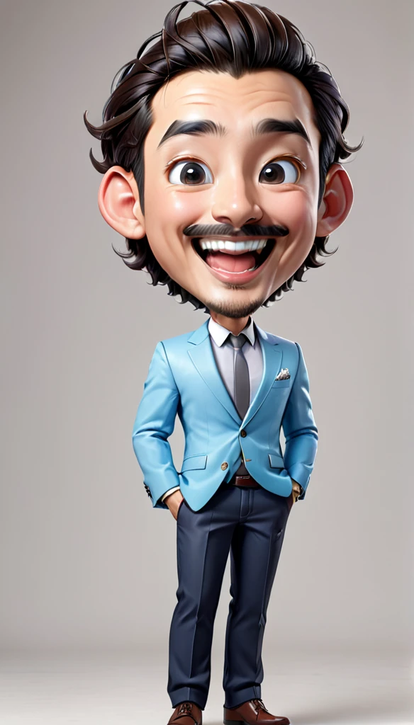 ”Create realistic full-body 4D cartoon characters with big heads. A 28-year-old Asian man with a happy and cheerful expression, mouth wide open. He has a bald head with wavy hair on the sides, large ears, bushy eyebrows, and a prominent mustache. He wore a light blue blazer over a white shirt. The picture is in an amulet shop. The illustration should emphasize his broad, happy smile and friendly demeanor.”