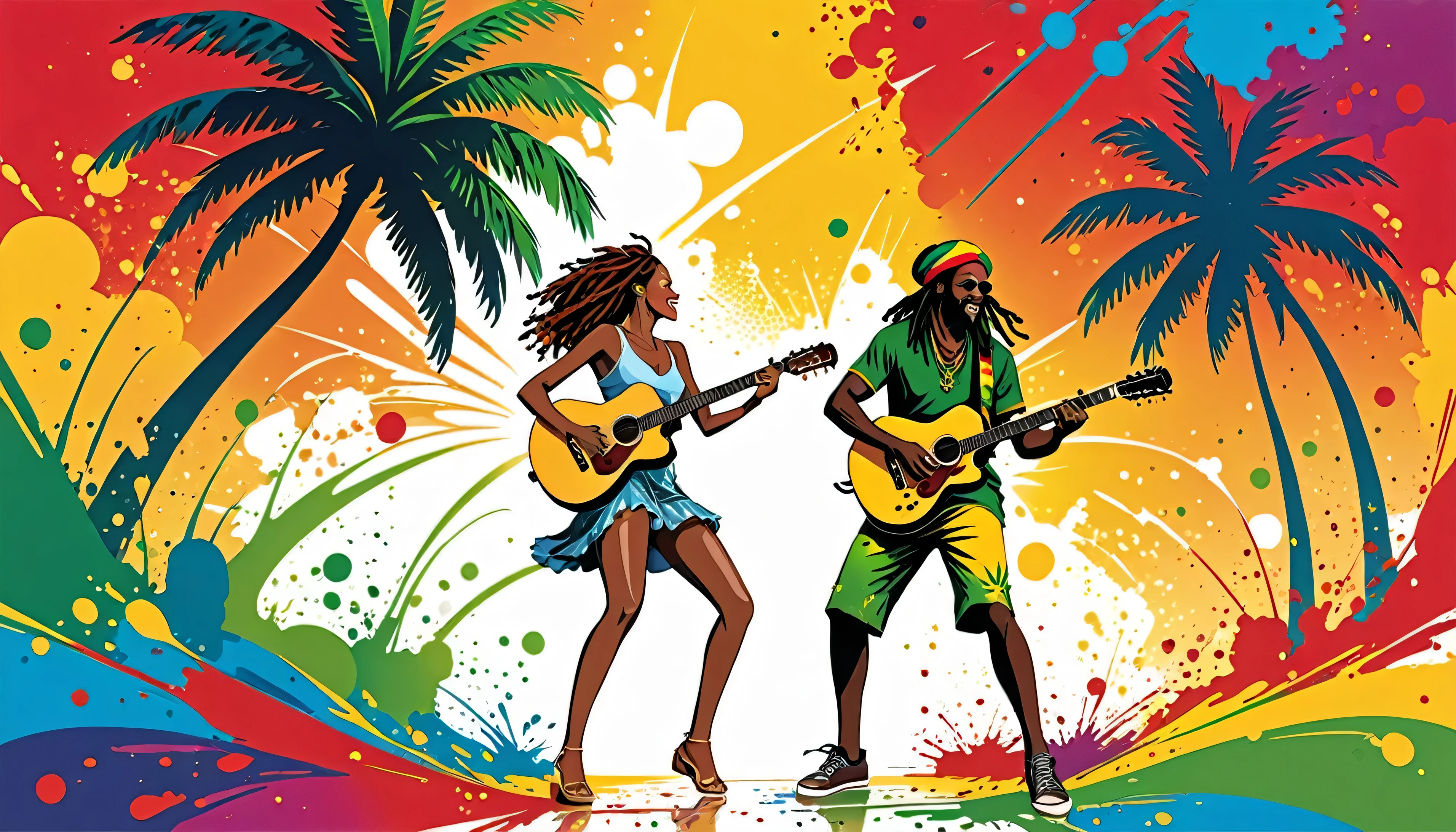Vector art, Lots of Jamaican Reggae, Authentic Jamaican reggae music atmosphere,Color illustrations, in the center, Vibrant colors, Paint splatters and stains, High detail,
Palm tree,A man is playing a guitar in Rasta colors,A man and a woman are dancing in the distance