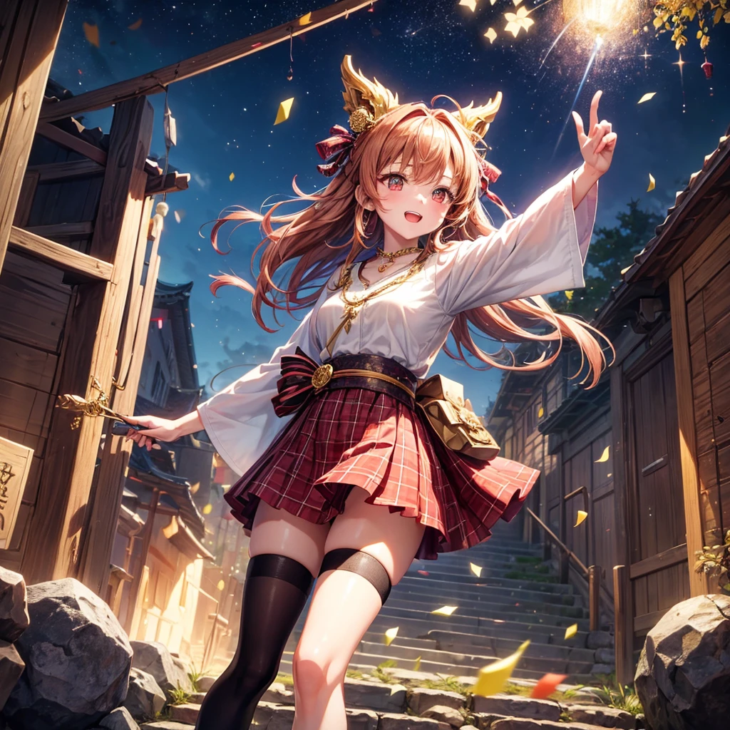 Pink, red, brown, gold, gold hair、Red gold eyes、Hair tied up、One good looking girl、solo、anime、Checkered mini skirt、Ruffles on the skirt、Checked dress、blouse、Kimono、Black knee-high socks、Ribbon、Ribbon on waist、Teeth are visible、Sparkly Necklace、From above、Cobblestones、waterfall、Starry Sky、Midnight Moon、suspension bridge、beam、Standing still、Transparent、Dragon flying、goddess、Edo、Confetti、Kicking、Ancient City、Arranging stones、Uphill