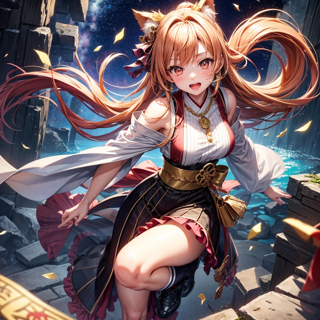 Pink, red, brown, gold, gold hair、Red gold eyes、Hair tied up、One good looking girl、solo、anime、Checkered mini skirt、Ruffles on the skirt、Checked dress、blouse、Kimono、Black knee-high socks、Ribbon、Ribbon on waist、Teeth are visible、Sparkly Necklace、From above、Cobblestones、waterfall、Starry Sky、Midnight Moon、suspension bridge、beam、Standing still、Transparent、Dragon flying、goddess、Edo、Confetti、Kicking、Ancient City、Arranging stones、Uphill