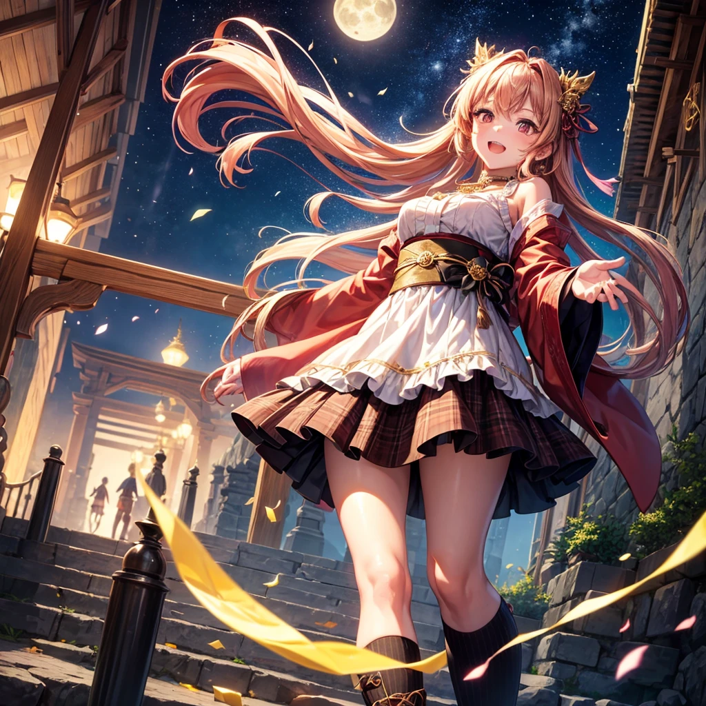 Pink, red, brown, gold, gold hair、Red gold eyes、Hair tied up、One good looking girl、solo、anime、Checkered mini skirt、Ruffles on the skirt、Checked dress、blouse、Kimono、Black knee-high socks、Ribbon、Ribbon on waist、Teeth are visible、Sparkly Necklace、From above、Cobblestones、waterfall、Starry Sky、Midnight Moon、suspension bridge、beam、Standing still、Transparent、Dragon flying、goddess、Edo、Confetti、Kicking、Ancient City、Arranging stones、Uphill