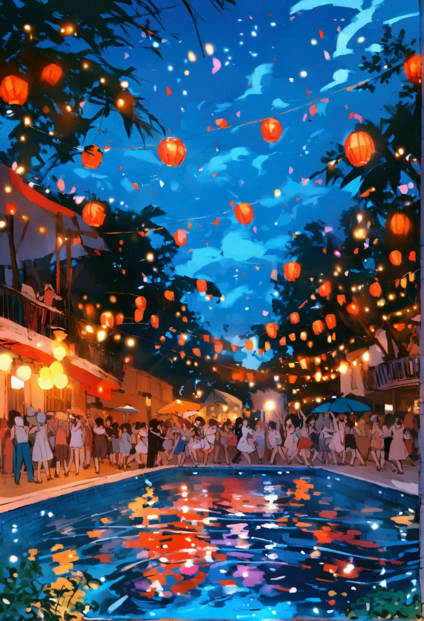 Many people in summer dresses are dancing by the pool、summer night
