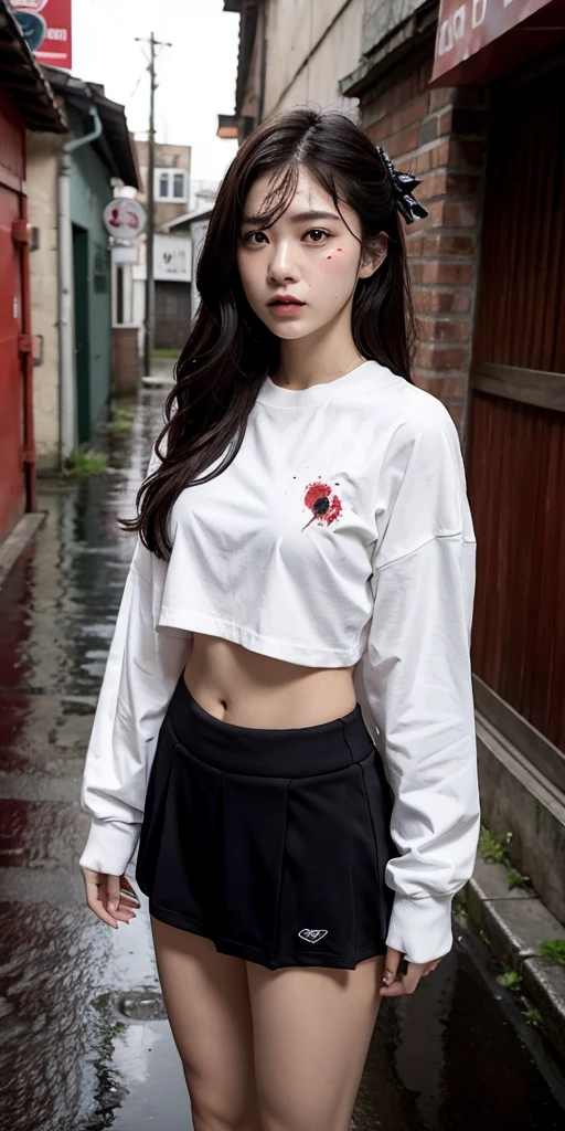 masterpiece, best quality, looking at viewer, facing viewer, bare legs, 1girl, solo, upper body, bow, serafuku, disgusted face, night time, heavy rain, outdoors, city, crop top, navel, wet clothes, drenched, overly long sleeves, hands in sleeves, blood tears, blood marks, dark alleyway, blood splattered on the ground, red bright light, glowing eyes, depth of field,holding a knife,red sky, atmofer,perfect hands