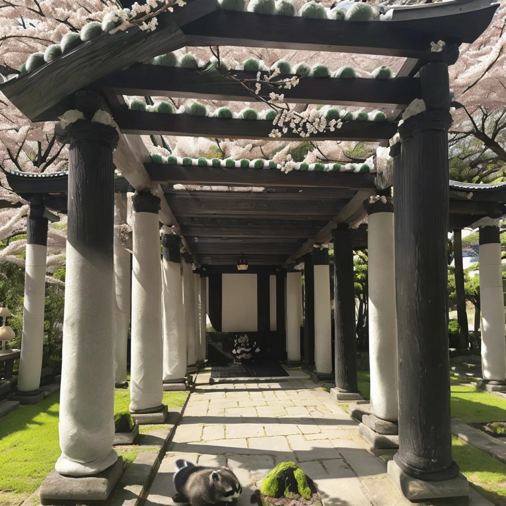 The pillars are made of black and white seaweed rolls.、The roof is made of matcha warabimochi、The rest are made of Japanese sweets.。Cherry blossoms falling in the morning sun、A fat raccoon eating a dumpling is laughing out loud。