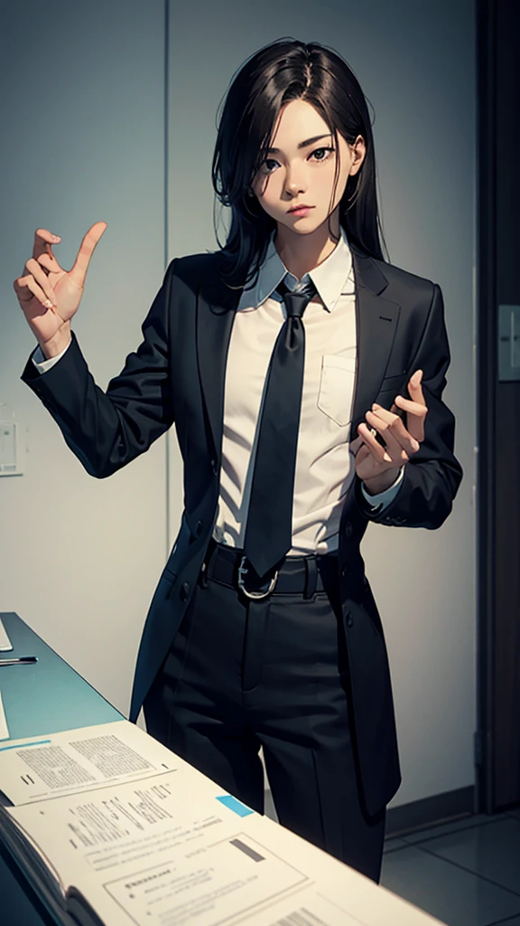 photograph, a guy in a white suit, an unbuttoned suit, a guy standing, black gloves, a black belt, unties his tie with his right hand, holds a mobile phone with his left hand, office background, blurred background, platinum blonde, bangs, natural hair, light green eyes!!, looks into the lens, white shirt, open collar, simple background, office desk in back, simple style, full body portrait