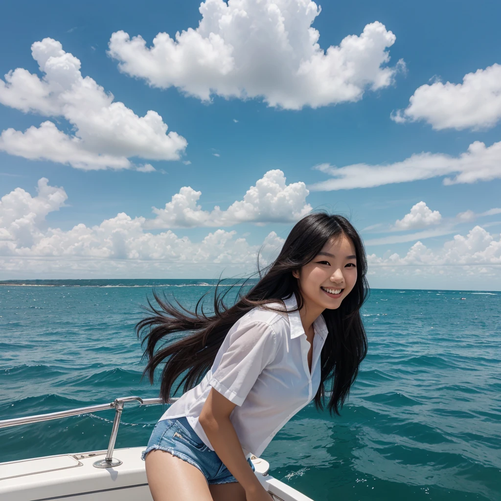 photography, realistic, 3d; a young asian/korean woman, with long, flowing black hair blowing in the wind, giving a dynamic and free impression, is driving a speedboat on the sea. He wore a white shirt tied at the front and blue denim shorts which gave off a denim and casual feel. The background shows a vast blue ocean with a clear sky and some white clouds. The woman looked very happy and smiled broadly, enjoying the moment. 124K, ultra hd, wide viewing angle, details: