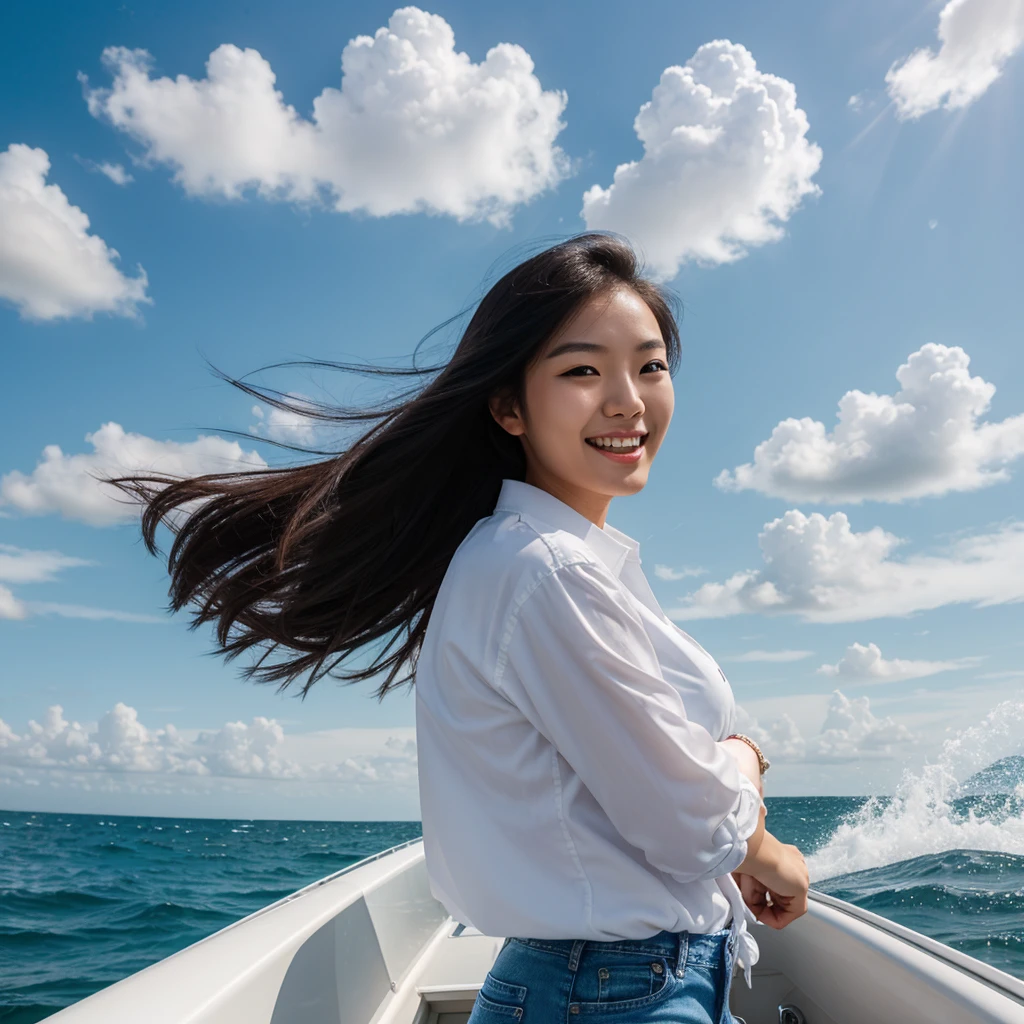 photography, realistic, 3d;  a young asian/korean woman, with long, flowing black hair blowing in the wind, giving a dynamic and free impression, is driving a speedboat on the sea.  He wore a white shirt tied at the front and blue denim shorts which gave off a denim and casual feel.  The background shows a vast blue ocean with a clear sky and some white clouds.  The woman looked very happy and smiled broadly, enjoying the moment.  124K, ultra hd, wide viewing angle, details: