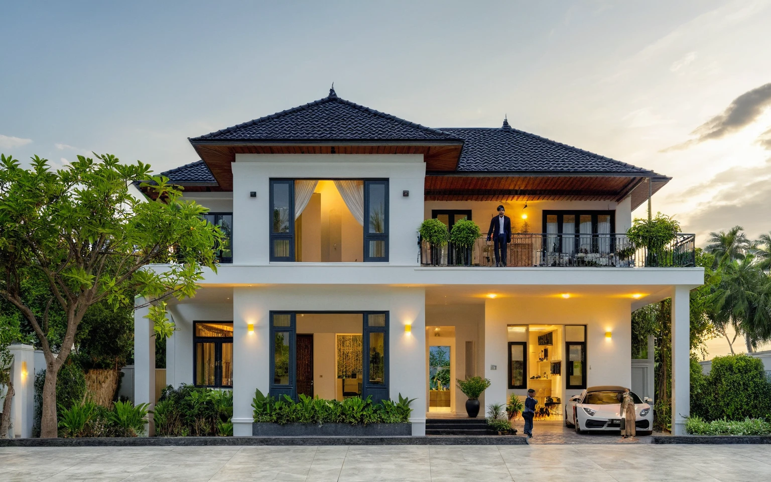 (masterpiece:1.2), best quality, photo of A two-story modern house in VietNam with white walls and dark tiles on the roof., tree and plant environment,daylight, streetcapes, natural light, vivid color, The exterior of an elegant single family home features large windows, a dark gray door frame.