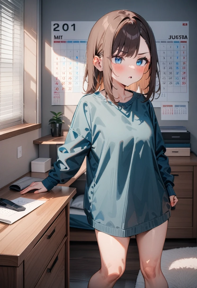 masterpiece, best quality, very aesthetic, absurdres, newest, 1girl, asymmetrical bangs, tareme, young adult, brown hair, straight hair, shoulder length, blue eyes, looking at calendar, determined expression, casual clothing, indoors, bedroom, wall with calendar, full body, front view