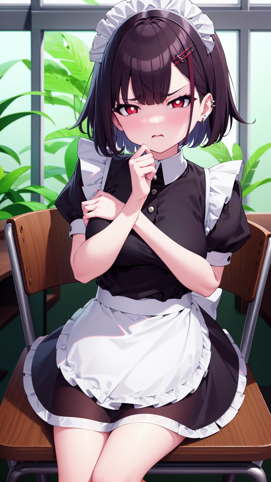 (cowboy shot),(ultra-high resolution, depth of field:1.2),Zenless Zone Zero,(Elen Joe:1.1),1woman,mature,black hair,short hair,inner color hair,(red eyes),medium breasts,crossed arms,maid dress,shark tail,maid apron,maid headdress,piercing,short sleeves,in classroom,sitting,sit in a chair,skirt lift,skirt hold,(((disgust,disgusted)))