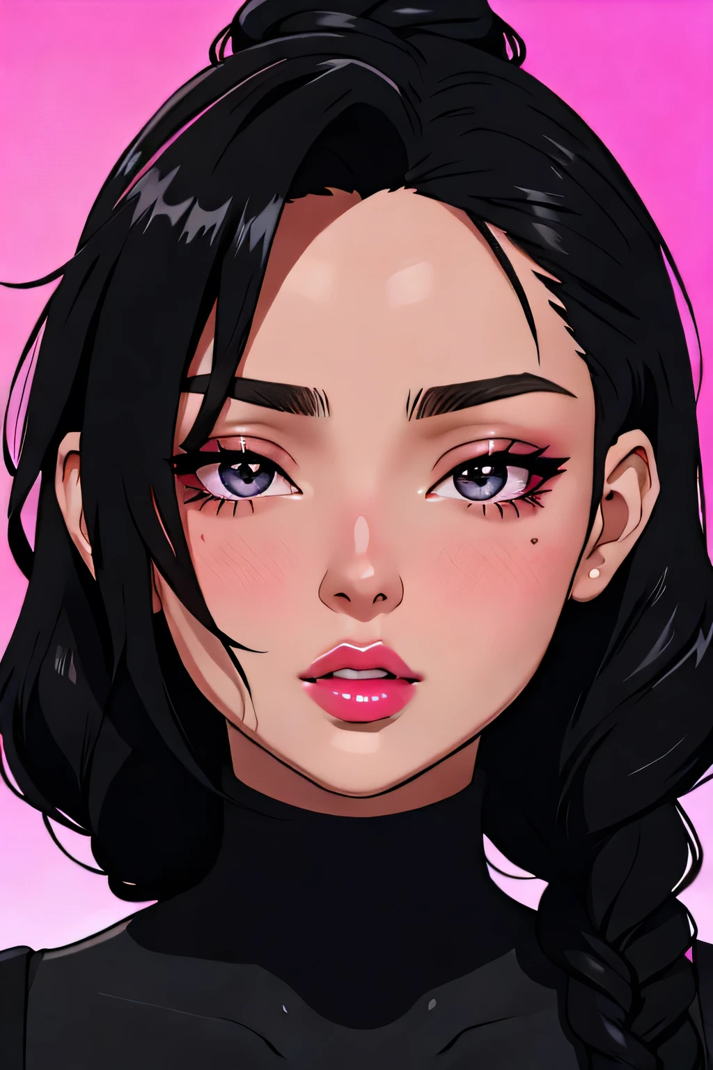sexy woman, black braided hair, black t-shirt, close-up on face, glossy wet pink lips parted, flawless glowing skin, long beautiful neck