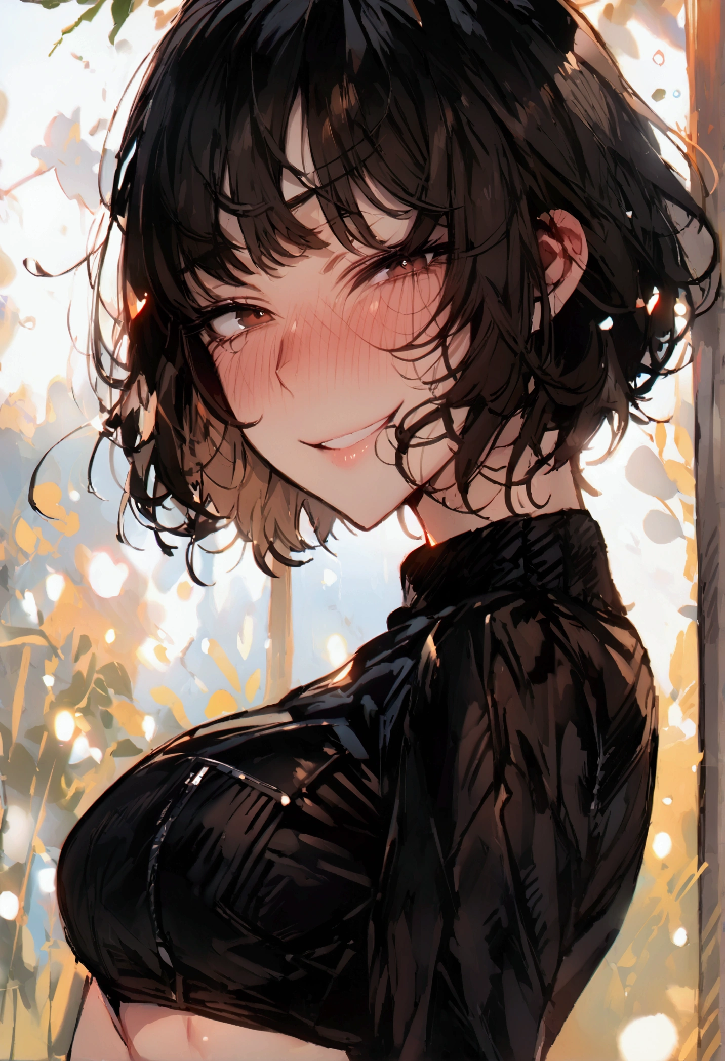 masterpiece, best quality 1girl, solo, beautiful woman, bangs, black hair, short hair, bob cut, dark brown eyes, deep blush, grin, medium breasts, black turtle neck sweeter, short black skirt, plated skirt, looking at viewer
