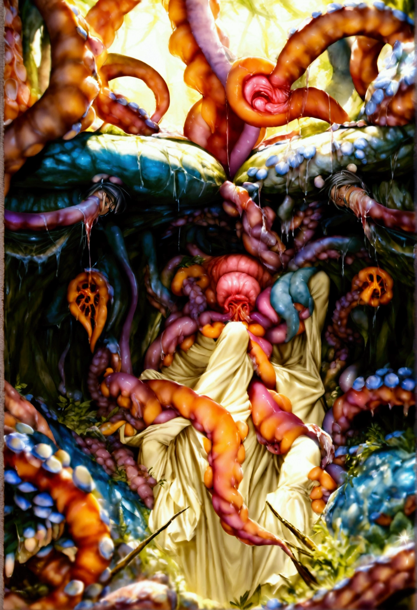Young girl under 20 years old and her sister 8 younger being penetrated by tentacles with their legs open and enjoying. Tentacles entering the anus and vagina to deposit eggs in the uterus. Ultra realistic tentacle cave scene