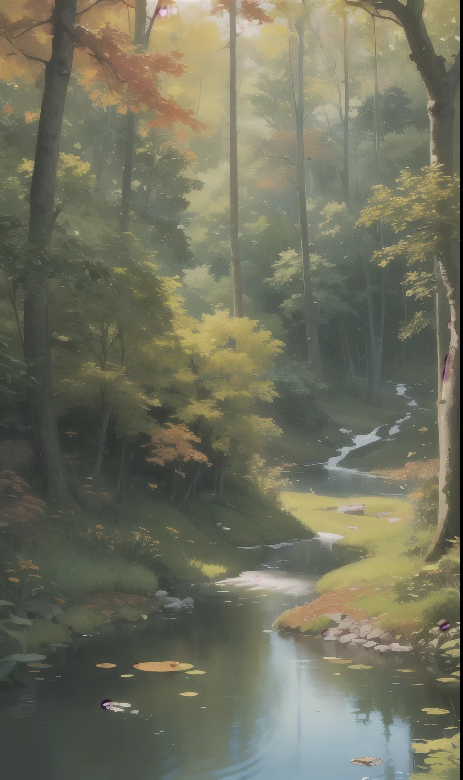 (masterpiece, best quality, high quality, high resolution:1.4), Extremely detailed, ambient soft lighting, 4K,
outdoor, nature, forest, Trees, Grass, plant, Flowers, river, Caustic lines, Water Flow, ripple, (Fall:1.2), pond, jungle, Lush leaves, fern,
 