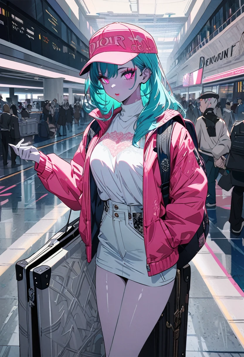 High resolution RAW color art, animation, Silver Marble Skin, (((Highly detailed elegant))), Magical atmosphere, Detailed skin, texture,(Exquisitely crafted, The finer details, Ultra-detailed art), Depth of written boundary, Silky Touch, Hyper Detail, Matte Drawing, (Gear Factory), Aquamarine Eyes, Elegant face, Pink Eyes,Red eyeshadow,Dior Pink Lips Light,Neon color,suitcase,Carry a backpack,The day of departure,Jacket,White T-shirt,Short skirt,Wearing a cap,airport,airport8K,
