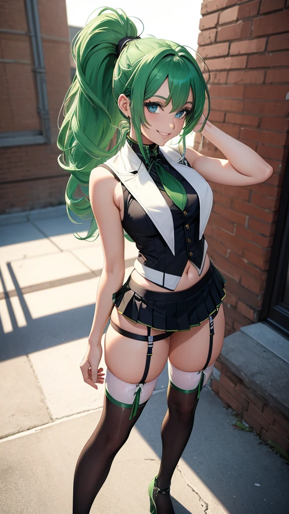 8k, beautiful woman, full body, green hair, ponytail hair, blue eyes, big smile, beautiful makeup, perfect nose, bust vest, black mini skirt, rear view, white garter belt on leg, bare legs, bare arms