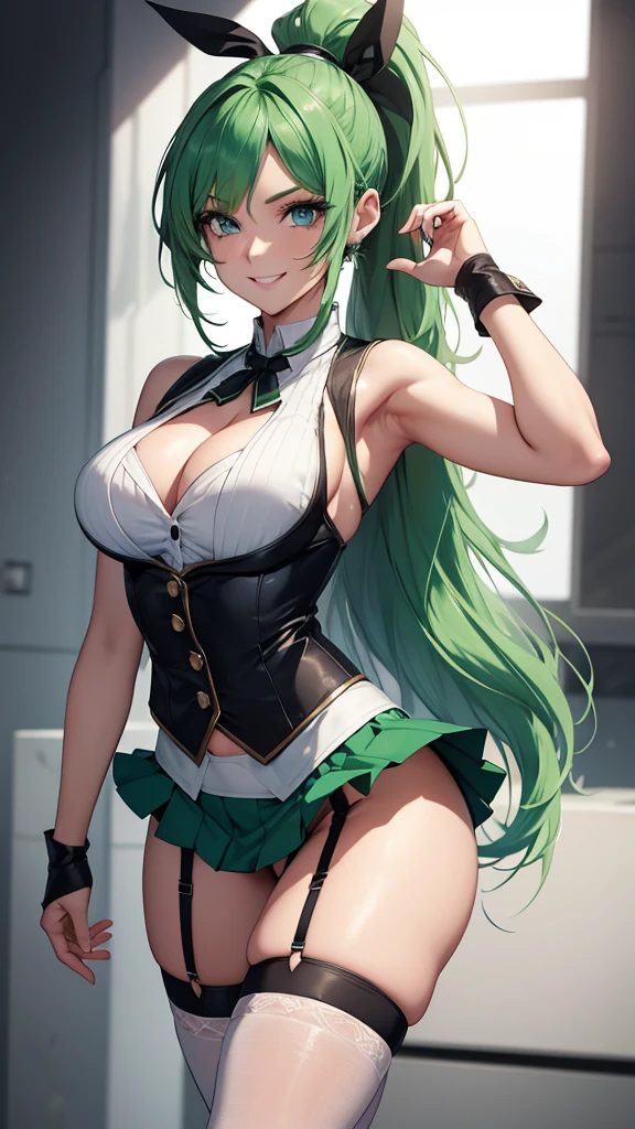 8k, beautiful woman, full body, green hair, ponytail hair, blue eyes, big smile, beautiful makeup, perfect nose, bust vest, black mini skirt, rear view, white garter belt on leg, bare legs, bare arms