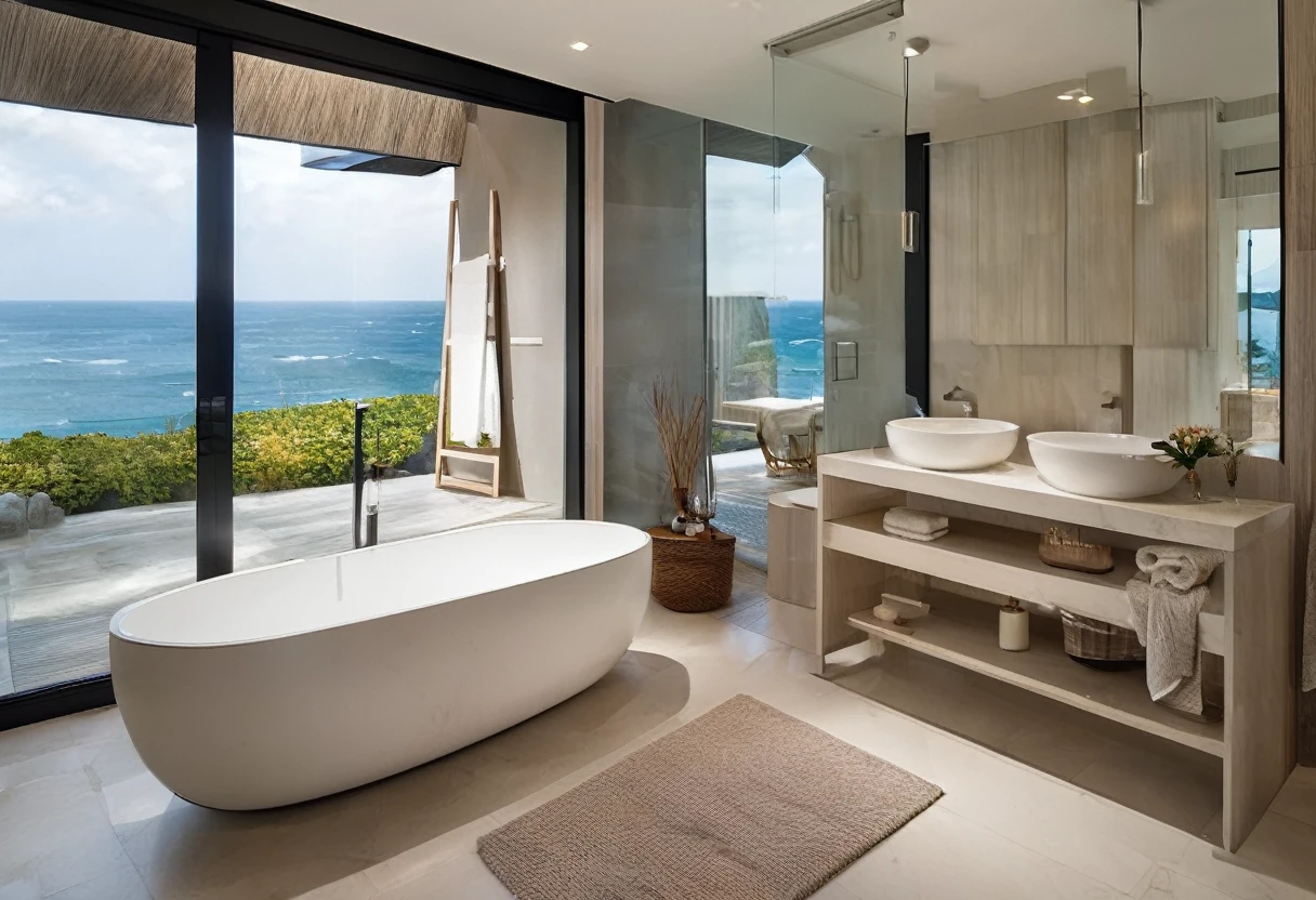 I need a photo of the bathroom scene,The bathroom has a glass window,Amazing sea views,The bathroom must have a bathtub,toilet,Vanity top,minimalist bathroom towel scene,The main color is natural color