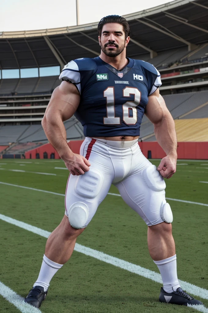 Lou Ferrigno teveperson beard, slickback hair, wearing American football uniform, athletic field, natural lighting, outdoors, stadium