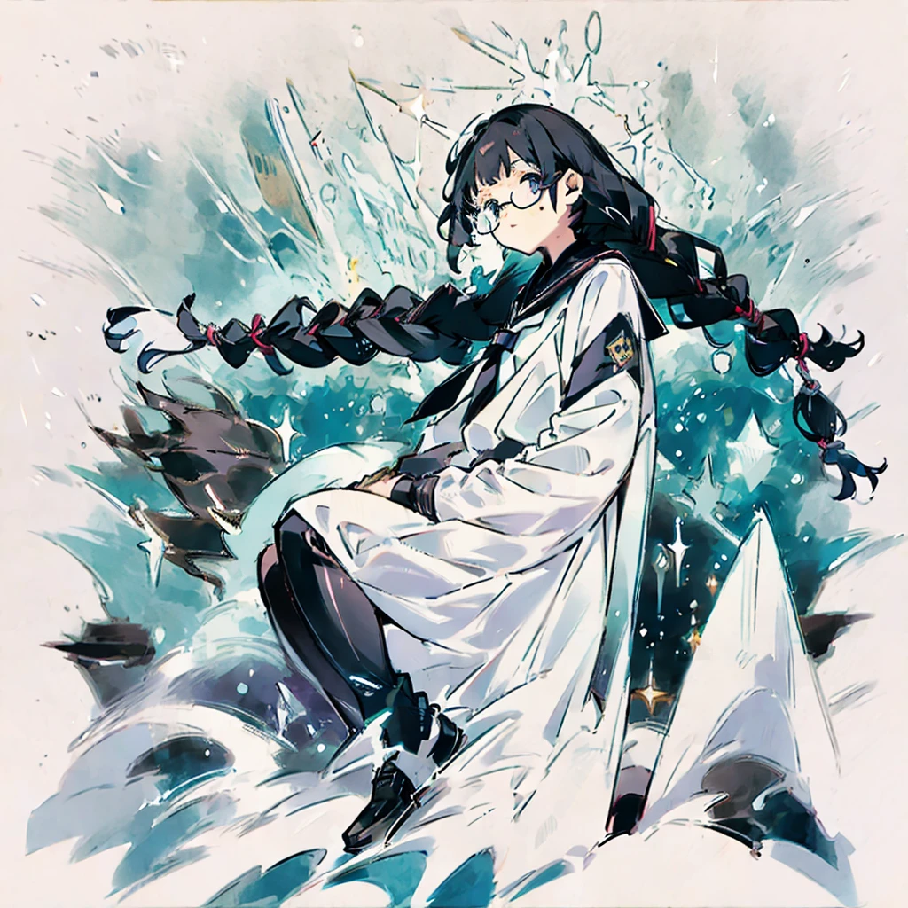 high resolution、Fine skin、Glasses、Purple droopy eyes, black hair braids、Black Sailor Suit、tights、loafers