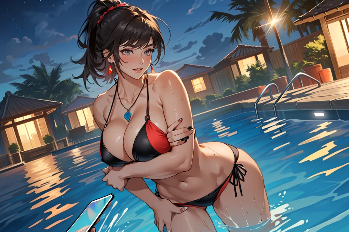 ((Masterpiece, top quality, high resolution)), ((highly detailed CG unified 8K wallpaper)), (huge stunning goddess shot, so hot and sexy, jaw dropping beauty, perfect proportions, beautiful body, slim body beauty:1.3), ((pool party)), (three young women: 1.2), ((having fun)), necklace, earrings, rings, (each wearing a sexy bikini:1.5), (she is surrounded by male fans in a private pool at night:1.2), (many fans around her:1.2), (She is being touched and hugged by fans around her:1.5), (men are taking pictures with their smart phones:1.2),