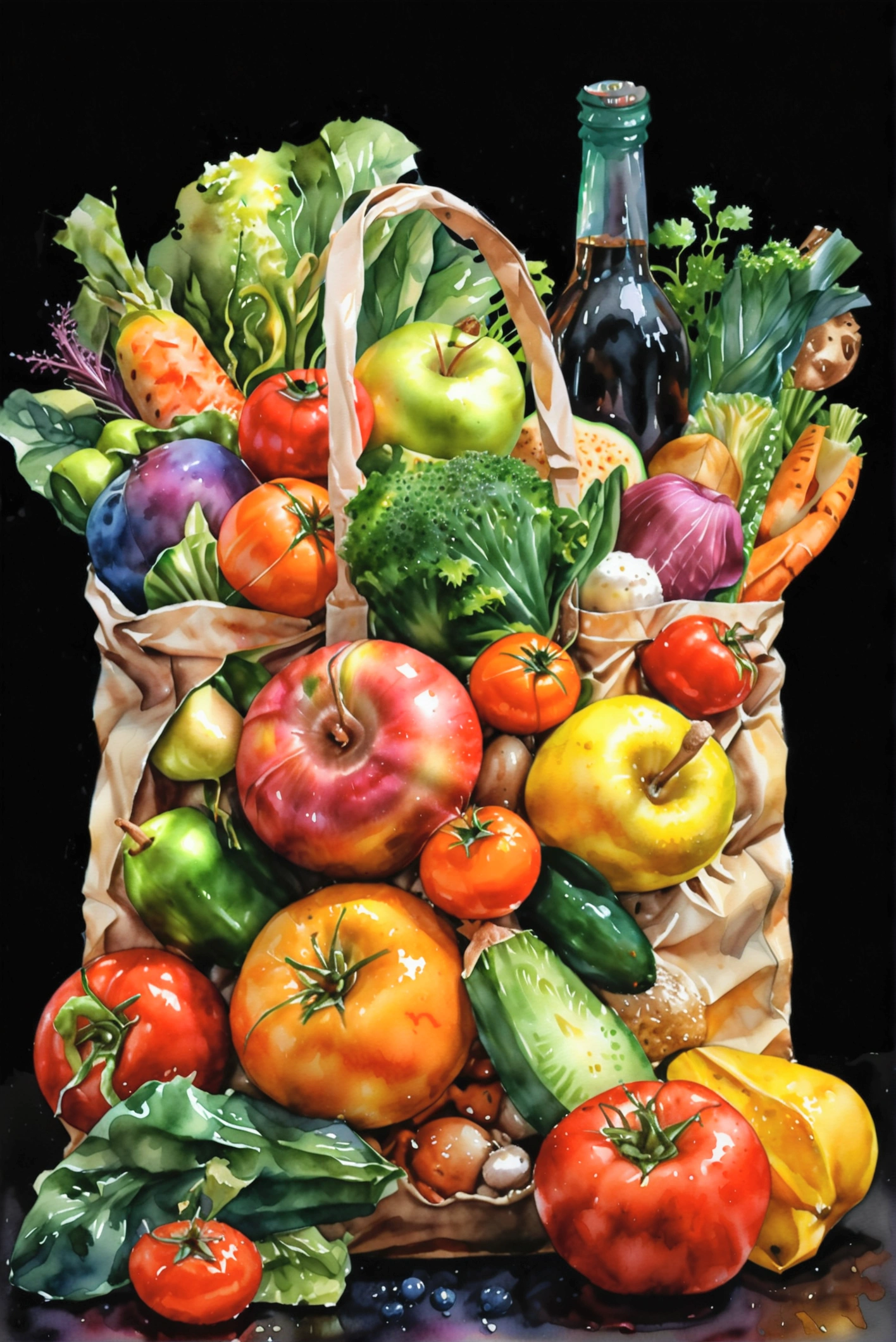 grocery bag with a lot healthy food, illustration, isolated with solid black background, surrounded with negative space, centered composition, 8k, highest detailed painting, very precise painting, Isolated, clear solid black background, perspective angle of view, cartoon style, ((watercolor)),