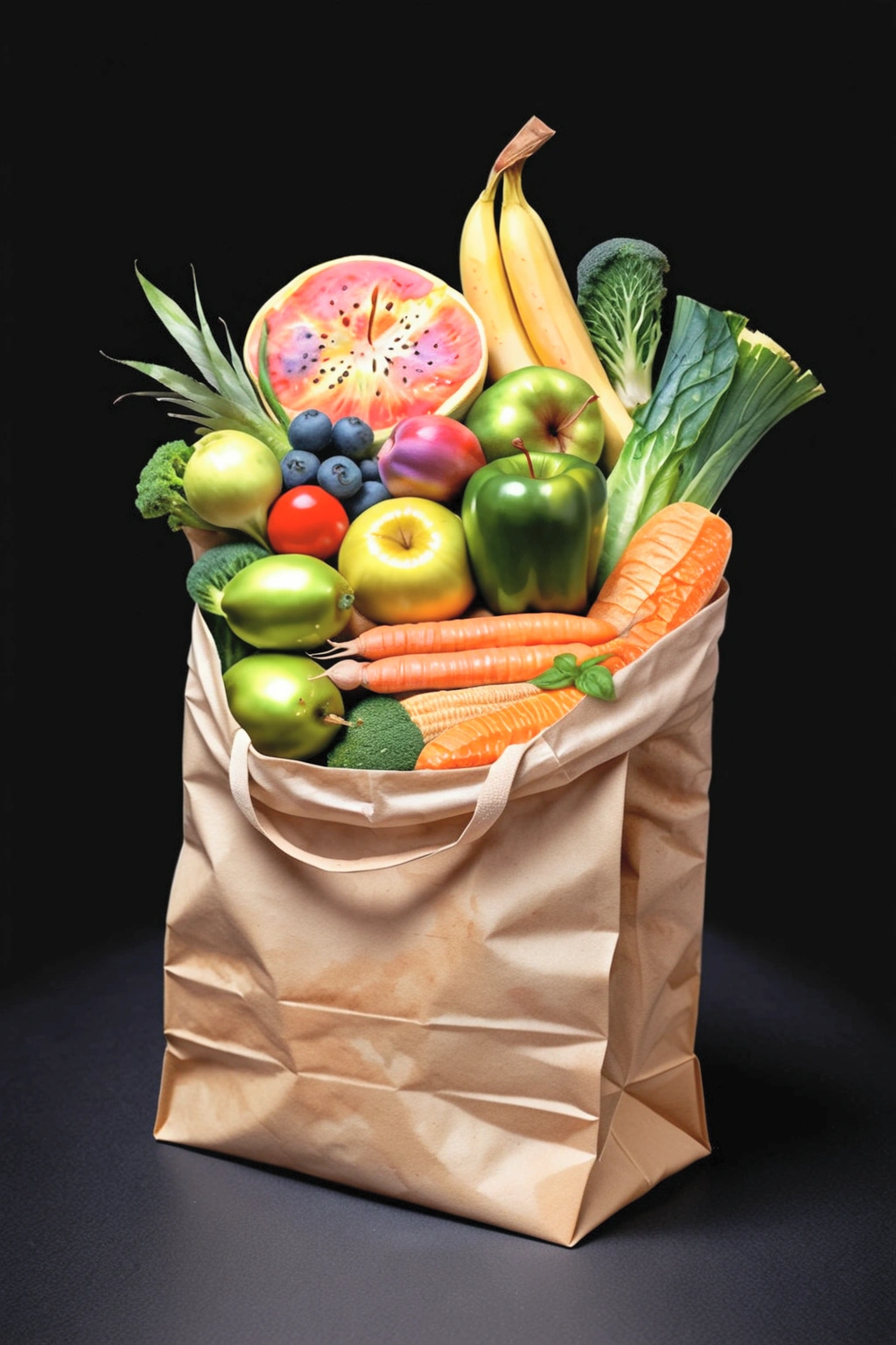 grocery bag with a lot healthy food, illustration, isolated with solid black background, surrounded with negative space, centered composition, 8k, highest detailed painting, very precise painting, Isolated, clear solid black background, perspective angle of view, cartoon style, ((watercolor)),
