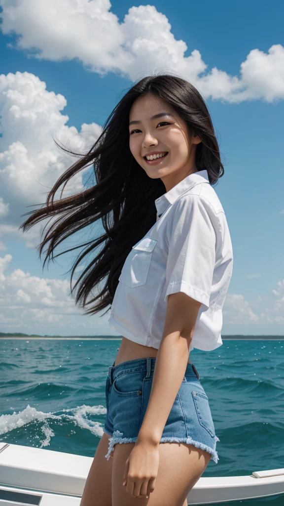 photography, realistic, 3d; a young asian/korean woman, with long, flowing black hair blowing in the wind, giving a dynamic and free impression, is driving a speedboat on the sea. He wore a white shirt tied at the front and blue denim shorts which gave off a denim and casual feel. The background shows a vast blue ocean with a clear sky and some white clouds. The woman looked very happy and smiled broadly, enjoying the moment. 124K, ultra hd, wide viewing angle, details: