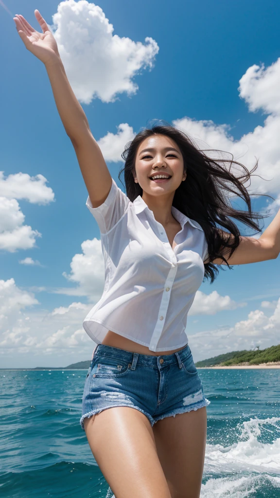 photography, realistic, 3d; a young asian/korean woman, with long, flowing black hair blowing in the wind, giving a dynamic and free impression, is driving a speedboat on the sea. He wore a white shirt tied at the front and blue denim shorts which gave off a denim and casual feel. The background shows a vast blue ocean with a clear sky and some white clouds. The woman looked very happy and smiled broadly, enjoying the moment. 124K, ultra hd, wide viewing angle, details:
