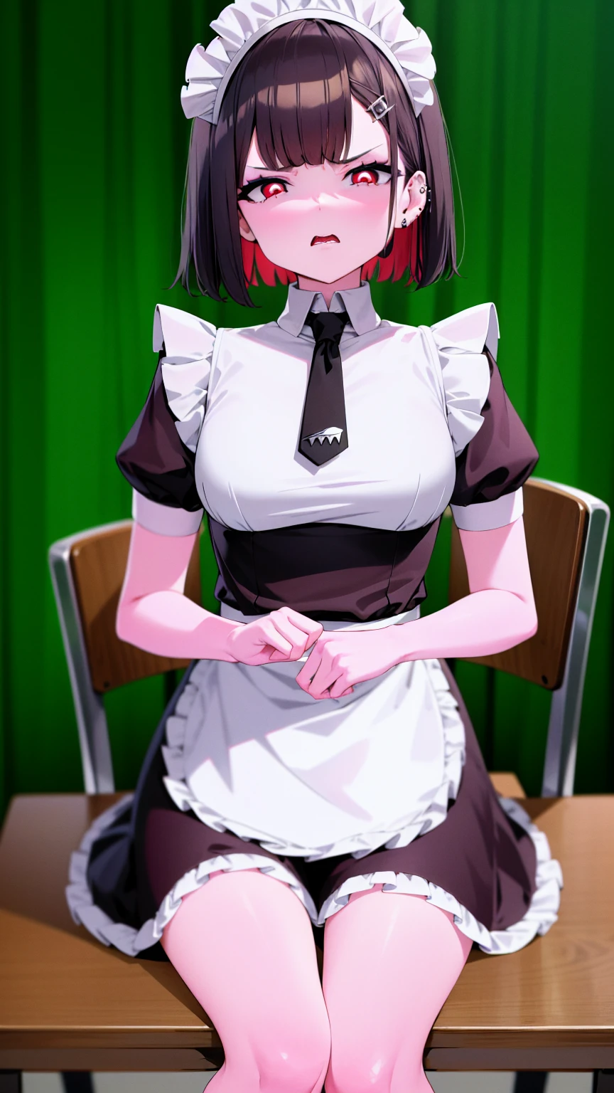 (cowboy shot),(ultra-high resolution, depth of field:1.2),Zenless Zone Zero,(Elen Joe:1.1),1woman,mature,black hair,short hair,inner color hair,(red eyes),medium breasts,crossed arms,maid dress,shark tail,maid apron,maid headdress,piercing,short sleeves,in classroom,sitting,sit in a chair,skirt lift,skirt hold,(((disgust,disgusted)))