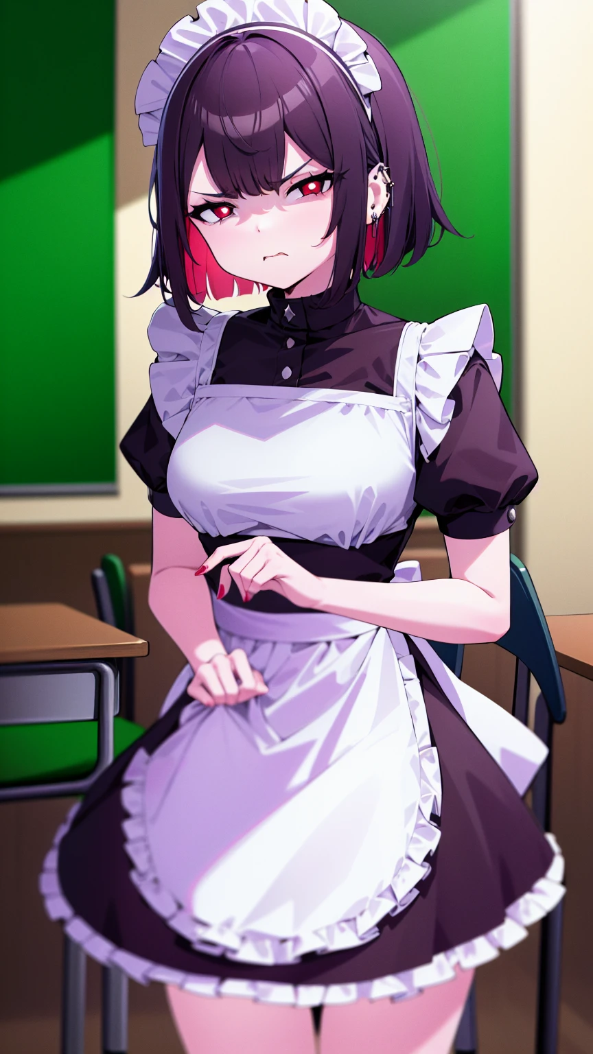 (cowboy shot),(ultra-high resolution, depth of field:1.2),Zenless Zone Zero,(Elen Joe:1.1),1woman,mature,black hair,short hair,inner color hair,(red eyes),medium breasts,crossed arms,maid dress,shark tail,maid apron,maid headdress,piercing,short sleeves,in classroom,sitting,sit in a chair,skirt lift,skirt hold,(((disgust,disgusted)))