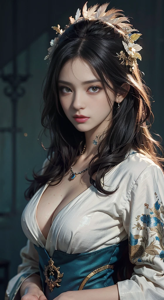 High quality, masterpiece, masterpiece, exquisite facial features, exquisite hair, exquisite eyes, exquisite color hair, 4K picture quality, gorgeous light and shadow, Tyndall effect, halo, messy hair, young state, gorgeous scene, exquisite clothes, chains, feathers, ancient chinese beauty with big eyes very detailed, digital painting, artstation, concept art, sharp focus, illustration, art by greg rutkowski and alphonse mucha and victo ngai