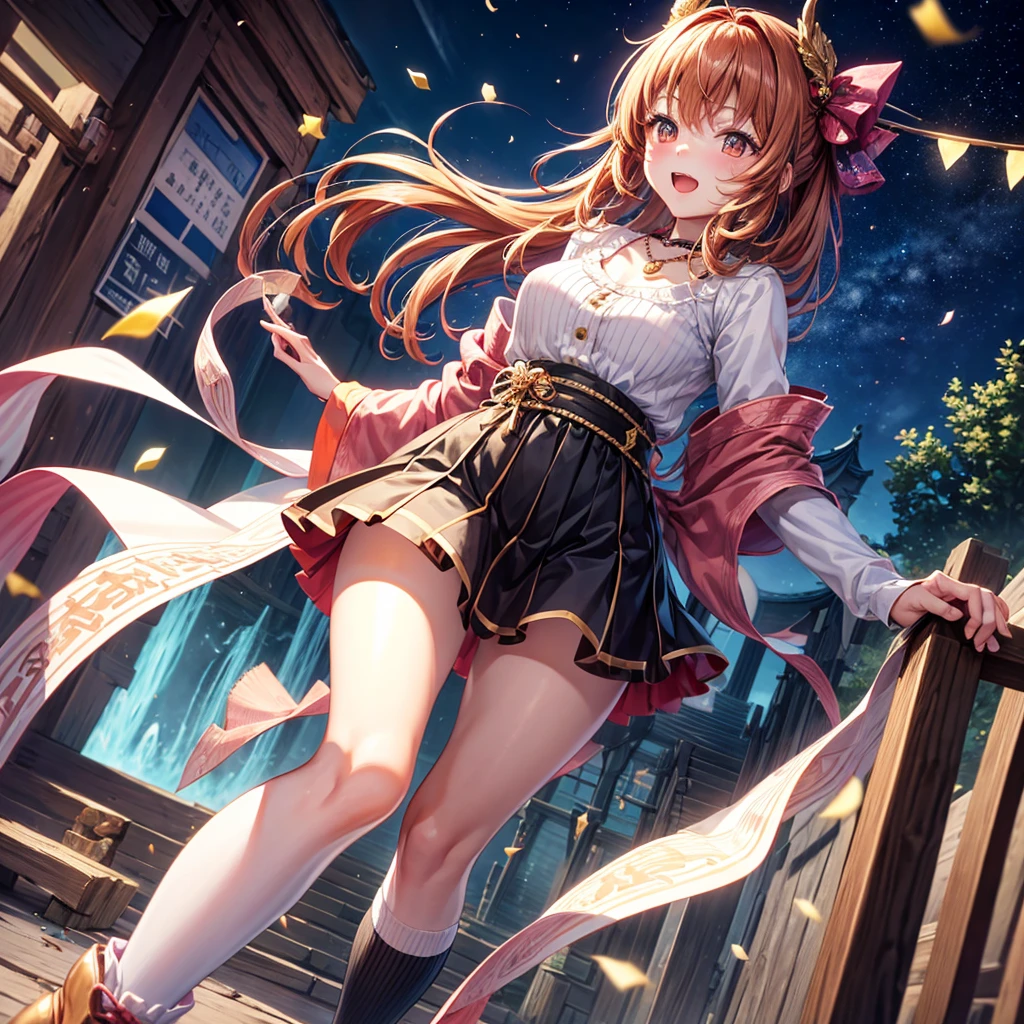 Pink, red, brown, gold, gold hair、Red gold eyes、Hair tied up、One good looking girl、solo、anime、Checkered mini skirt、Ruffles on the skirt、Checked dress、blouse、Kimono、Black knee-high socks、Ribbon、Ribbon on waist、Teeth are visible、Sparkly Necklace、From above、Cobblestones、waterfall、Starry Sky、Midnight Moon、suspension bridge、beam、Standing still、Transparent、Dragon flying、goddess、Edo、Confetti、Kicking、Ancient City、Arranging stones、Uphill