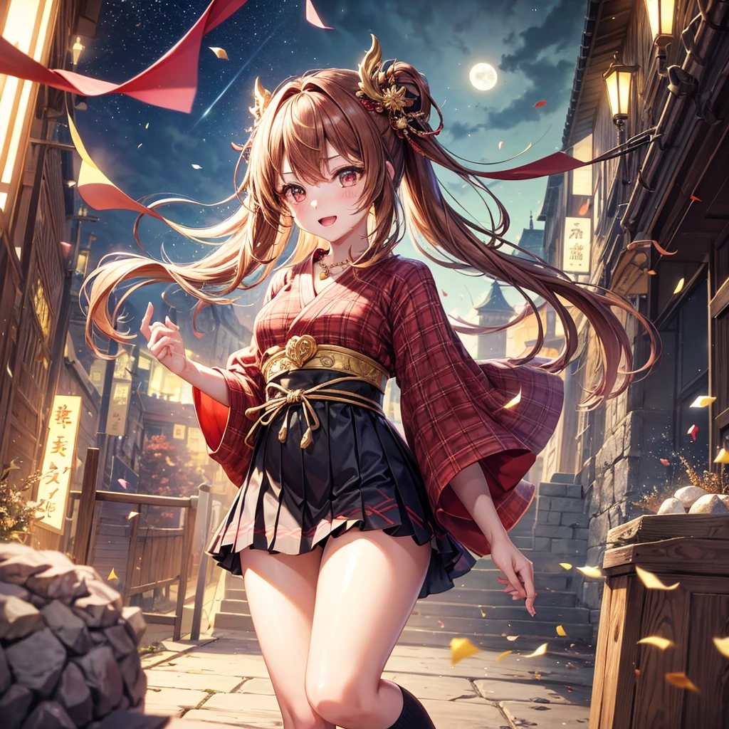 Pink, red, brown, gold, gold hair、Red gold eyes、Hair tied up、One good looking girl、solo、anime、Checkered mini skirt、Ruffles on the skirt、Checked dress、blouse、Kimono、Black knee-high socks、Ribbon、Ribbon on waist、Teeth are visible、Sparkly Necklace、From above、Cobblestones、waterfall、Starry Sky、Midnight Moon、suspension bridge、beam、Standing still、Transparent、Dragon flying、goddess、Edo、Confetti、Kicking、Ancient City、Arranging stones、Uphill