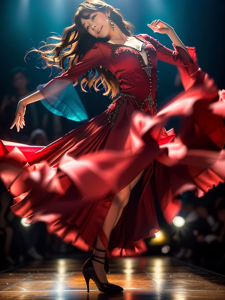 Photo-realistic quality、A Japanese woman in a red dress is dancing flamenco on stage,beautiful日本人モデル、 Sensual dance,  She is dancing、!!beautiful!!, Red clothes, Circling,Detailed and beautiful eyes、Cute smile、A soft and gentle look