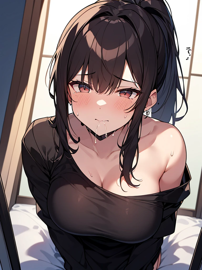 NSFW Close-up on facial expression Fully nude:1.3 1 female 1 male、Blowjob:1.3. Open your mouth wide and take the penis in your mouth:1.3. Excitement, sweating, flushing), (Night, dark room, apartment room, lying on a white bed, troubled face, crying face)、 No sleeve、(Black hair, medium length, ponytail, straight hair, bangs swept to the side:1.9 Slanted eyes Brown eyes Tall Big breasts Strong Beautiful Cute) 、 Sex with a skinny muscular guy
