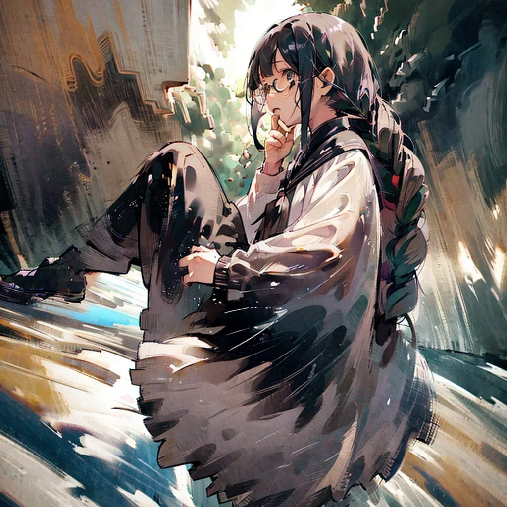 high resolution、Fine skin、Glasses、Purple droopy eyes, black hair braids、Black Sailor Suit、tights、loafers