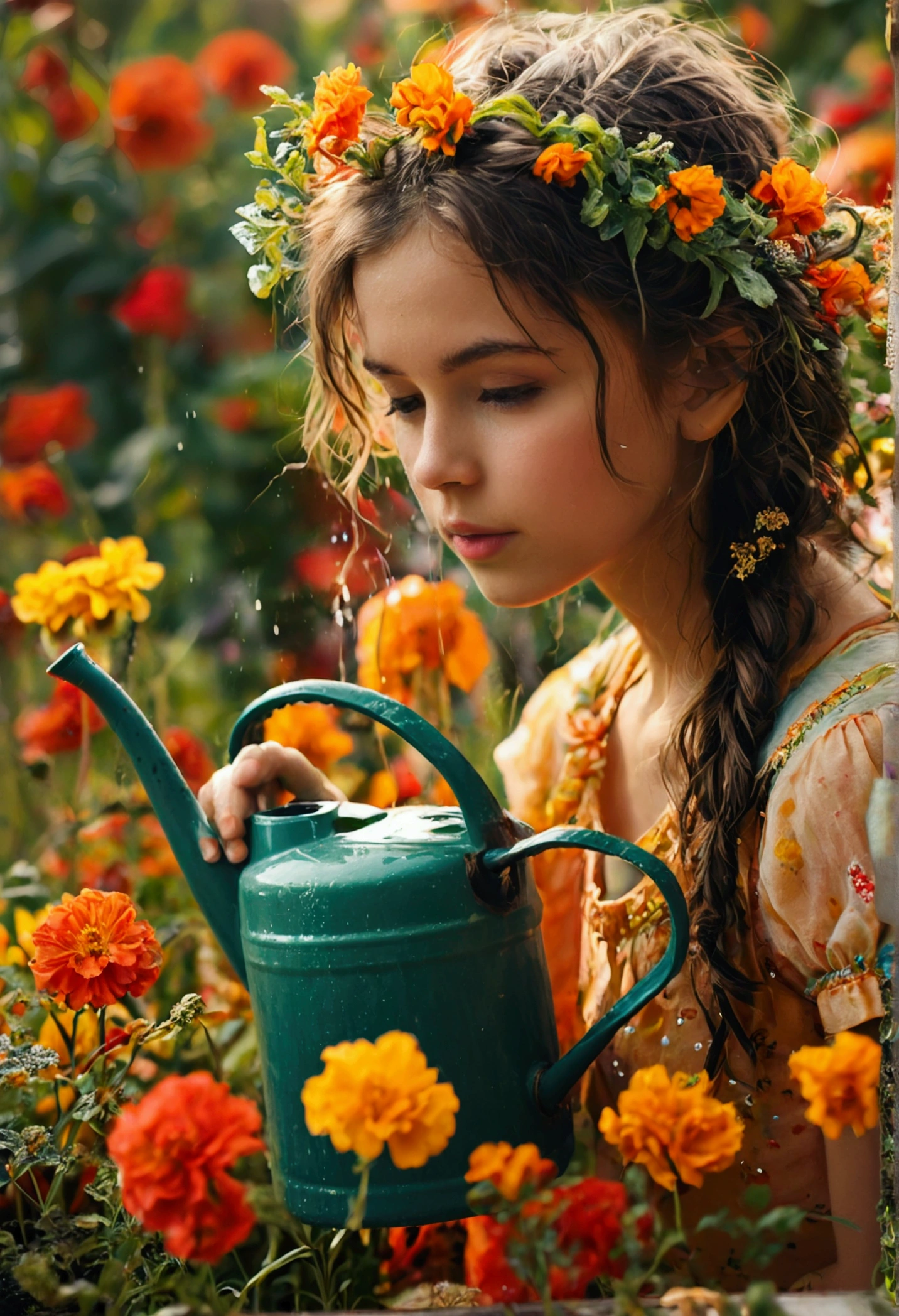 
A beautiful girl watering the garden