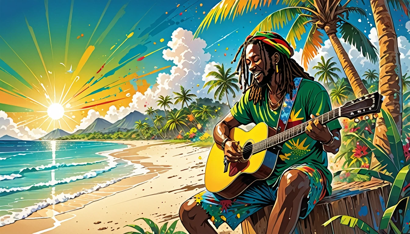 Vector art, Lots of Jamaican Reggae, Authentic Jamaican reggae music atmosphere,Color illustrations, in the center, Vibrant colors, Paint splatters and stains, High detail,
Palm tree,A man is playing the guitar in the distance,beach
