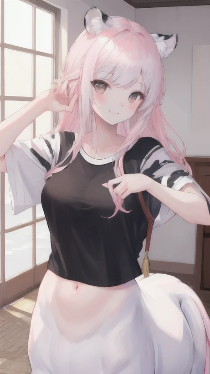 (best quality, masterpiece), 1 girl, centaur, It takes, White skin, Korean , ((23 years old)),black pink,Smiling, exposing the abdomen, belly button t-shirt , 아름다운 소녀 perfect white tiger photo, perfect white tiger photo