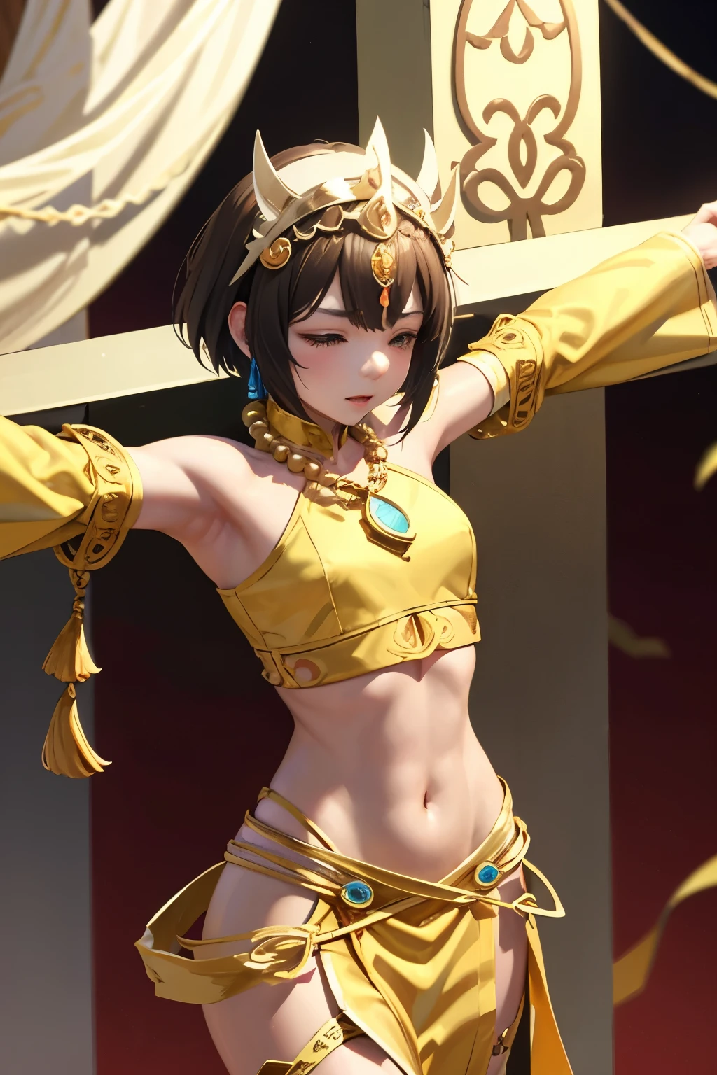 Tripitaka Monk、Sanzang Fashi、Unparalleled in the Three Kingdoms、Unparalleled OROCHI、No sleeve、Chest band、Navel sticking out、Pale green loose pants、Brown Hair、Bobcut、tiara、beads necklace、Sleeves longer than the arms、blush、Frightened、Captivity、Crucifixion、Giant Cross、Tied to the Cross、（（（ＳＦＷ、sound、Highest quality、first-clasasterpiece、Normal body、8K、Detailed face、Ultra-precision、Normal hand、Normal finger、５Finger、Highest）））