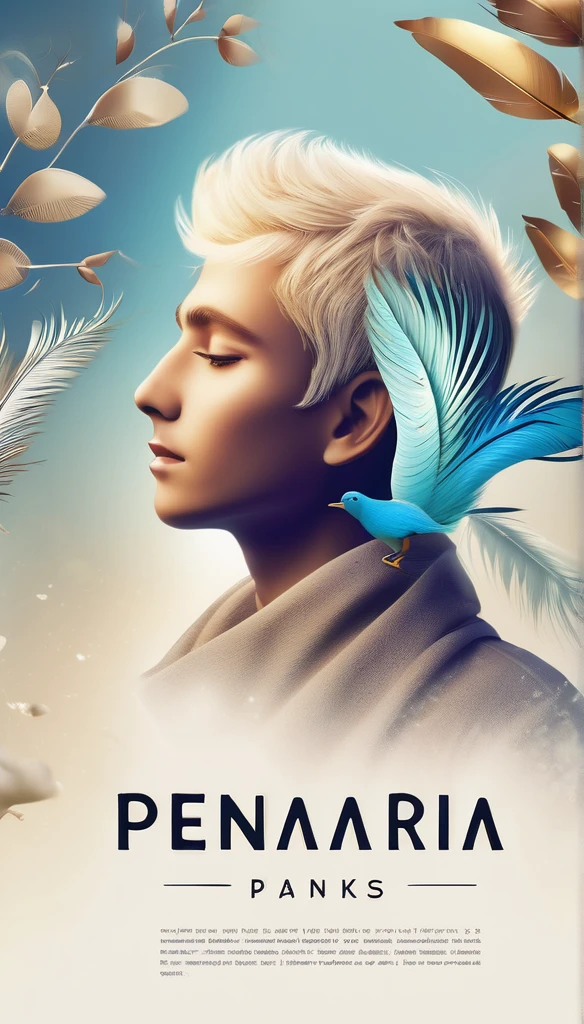 Create a professional, fantastic, cinematic dream-like Youtube Banner for a brand about music, stories, fantasy and dreams called " Penamemoria". Masterpiece, 4k, sharp focus, highest quality,wide shot. The title is " Mr.Panks". Is a brand about the creative, unique journey of a boy into becoming a musician storyteller. In his journey he finds inspiration in a world of birds and feathers. Minimalistic, simple, poetic, dreamy logotype at the center of the image. The Background image is a world full of fantastic feathers, unique birds, light blue sky, soft white and light golden. Logo design of a face of a boy and a face of a feather